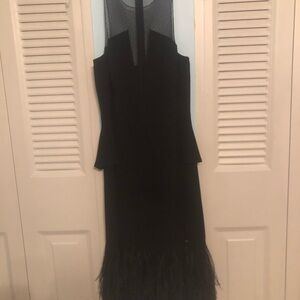 Néw Noir  Black Sheer Bodice dress with cascading feathers and sparkling beads.